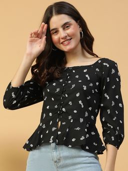 Oxolloxo - Women Black Floral Print Square Neck With Front Slit Cut Detail Top