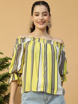 Oxolloxo - Women Multicolor Stripe Print Smocked Off-Shoulder 3/4 Bell Sleeve Top
