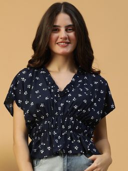 Oxolloxo - Women Blue Floral Print V- Neck Peplum Top