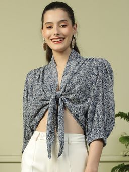 Oxolloxo - Women Blue Floral Print V-Neck Tie-Knot Detail Crop Top