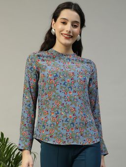Oxolloxo - Women Blue Floral Print Round Neck Casual Top