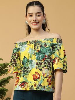Oxolloxo - Women Yellow Floral Print Off-Shoulder Top