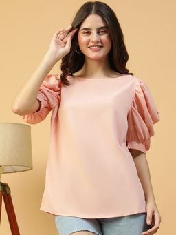 Oxolloxo - Women Peach Round Neck Short Puff Sleeve Top