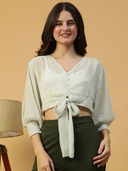 Oxolloxo - Women Green V-Neck Button and Tie-Up detail Dobby Crop Top