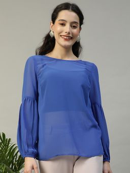 Oxolloxo - Women Blue Round Neck With Tie-up Strings Top