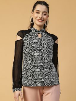 Oxolloxo - Women Black Floral Print Key Hole Neck Cut Out Detail Top