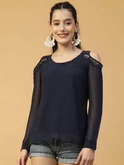 Oxolloxo - Women Blue V-Neck Cold Shoulder Lace Detail Top