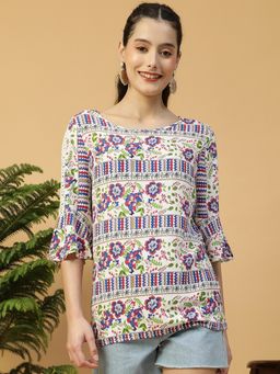 Oxolloxo - Women White Floral Print Round Neck 3/4 Bell Sleeve Casual Top