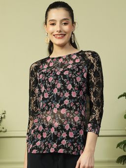 Oxolloxo - Women Black Floral Round Neck Print See Through Top