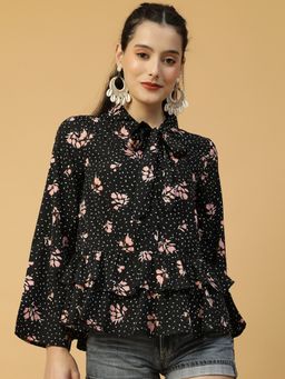 Oxolloxo - Women Black Floral Print Round Neck With Tie-Up Detail Peplum Top