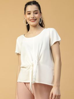 Oxolloxo - Women Solid White Round Neck Front Tie-Knot Detail Top