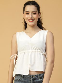 Oxolloxo - Women Solid White V-Neck With Adjustable Tie-Up String Sleeveless Cotton Top