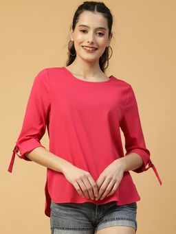 Oxolloxo - Women Solid Red Round Neck With Tie-Up strings Casual Top