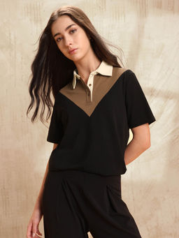 U.S. POLO ASSN. - Women Black Cotton Colorblock Polo T-shirt