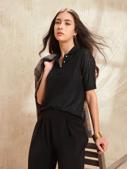 U.S. POLO ASSN. - Women Black Polyester Self Design Polo T-shirt