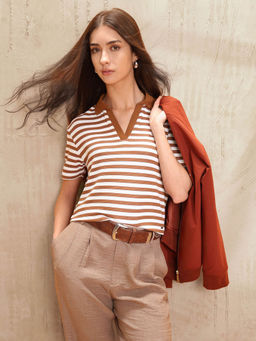 U.S. POLO ASSN. - Women Brown Polyester Stripes Polo T-shirt