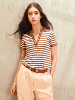 U.S. POLO ASSN. - Women Brown Polyester Stripes Polo T-shirt