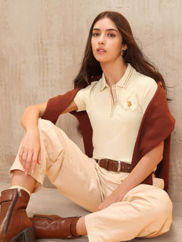 U.S. POLO ASSN. - Women Cream Cotton Solid Polo T-shirt