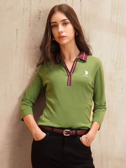 U.S. POLO ASSN. - Women Green Cotton Solid Polo T-shirt