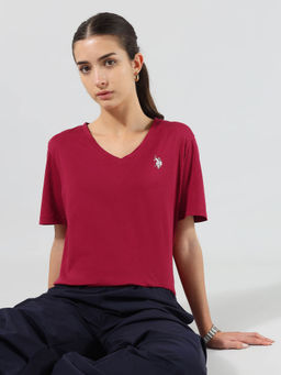 U.S. POLO ASSN. - Women Red Cotton Solid T-Shirt