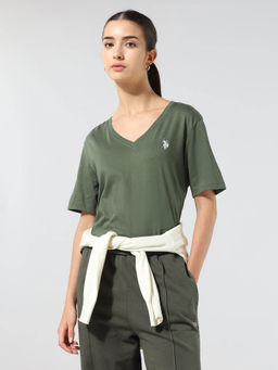 U.S. POLO ASSN. - Women Green Cotton Solid T-Shirt