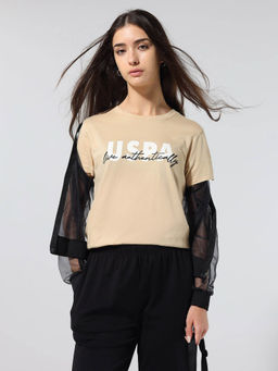 U.S. POLO ASSN. - Women Beige Cotton Printed T-Shirt