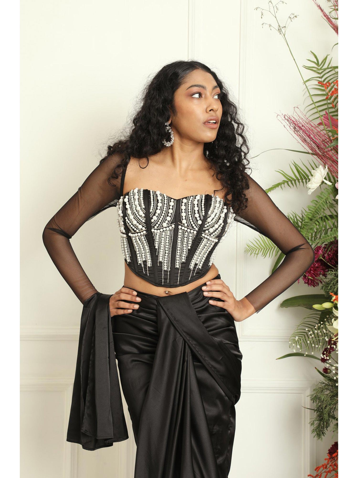 Buy Saanjh by Lea Leila Black Hand Embroidered Corset With Mesh