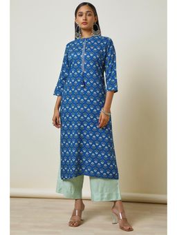 Soch - Womens Blue Rayon Floral Print Kurta with Faux Mirror