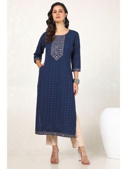 Soch - Womens Blue Cotton Schiffli Kurta with Faux Mirror