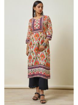 Soch - Womens Cream Linen Blend Abstract Print Kurta with Sequins Work