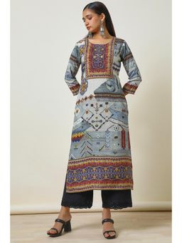 Soch - Womens Grey Viscose Muslin Print Kurta with Sequins Work