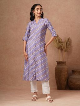 FASHOR - Leheriya Printed A-Line Flared Kurta - Purple