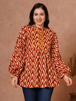 FASHOR - Ethnic Printed and Embroidered A-Line Pleated Short Tunic - Maroon