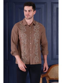 Pier seven - Men Embroidered Cotton Blend Slim Fit Full Sleeves Shirt - Brown