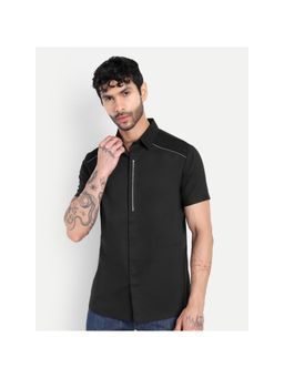 Pier seven - Men Solid Slim Fit Zipper Detail Short Sleeves Casual Shirt - Black
