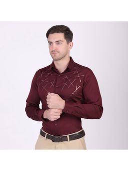 Pier seven - Men Embellished Cotton Blend Slim Fit Full Sleeves Shirt - Maroon