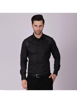 Pier seven - Men Studded Shoulder Party Shirt - Black
