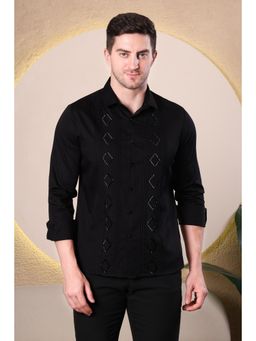 Pier seven - Men Slim Fit Cotton Blend Shirt - Black