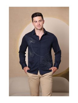 Pier seven - Men Regular Fit Polycotton Embroidered Shirt - Navy Blue