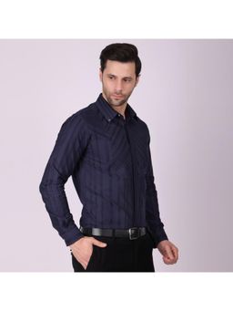 Pier seven - Men Cotton Printed Pleated Yoke Regular Fit Shirt - Navy Blue