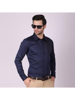 Pier seven - Men Cotton Satin Bead Work Slim Fit Shirt - Navy Blue