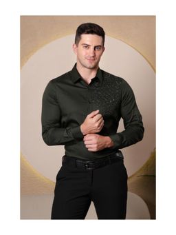 Pier seven - Men Cotton Satin Bead Work Slim Fit Shirt - Green