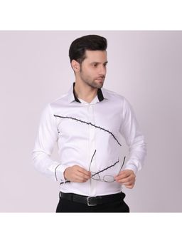 Pier seven - Men Signature Cotton Blend Lace & Beads Work Slim Fit Shirt - White