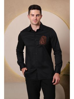 Pier seven - Men Embroidered Cotton Blend Slim Fit Full Sleeves Shirt - Black
