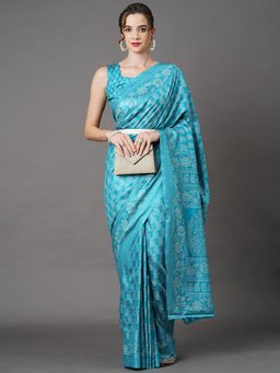 Akhilam - Women Dola Silk Turquoise Printed Designer Saree with Unstitched Blouse Piece