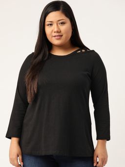 theRebelinme - Plus Size Womens Black Solid Color Cotton Knitted Top