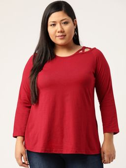 theRebelinme - Plus Size Womens Maroon Solid Color Cotton Knitted Top