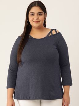 theRebelinme - Plus Size Womens Melange Blue Solid Color Cotton Knitted Top