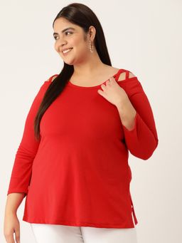theRebelinme - Plus Size Womens Red Solid Color Cotton Knitted Top