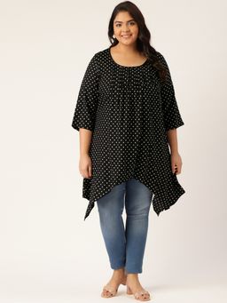 theRebelinme - Plus Size Womens Black Polka Dot Pleated Longline Top